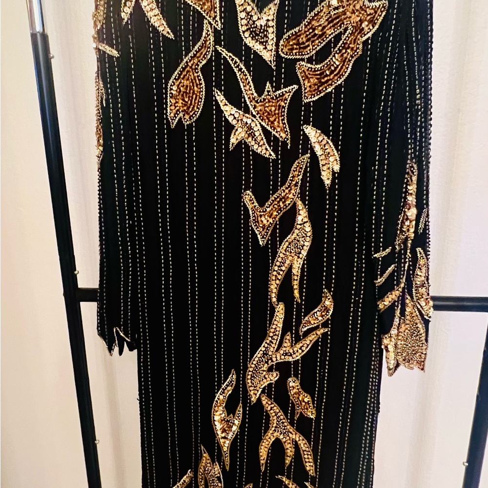 Sho Max Originals Black and Gold Long Sleeve Cocktail Gown